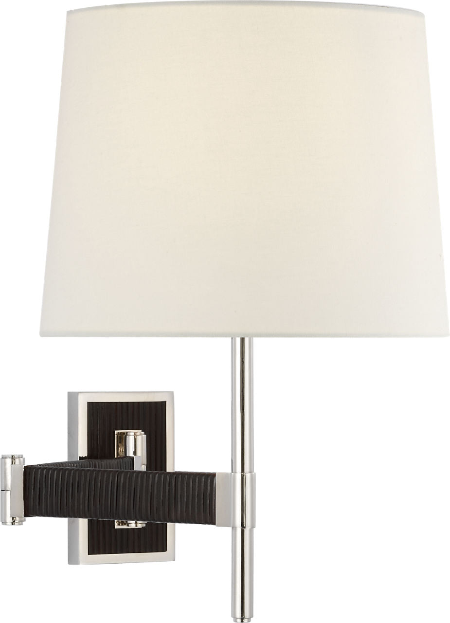 Elle Swing Arm Sconce | Polished Nickel and Black Rattan | Linen Shade