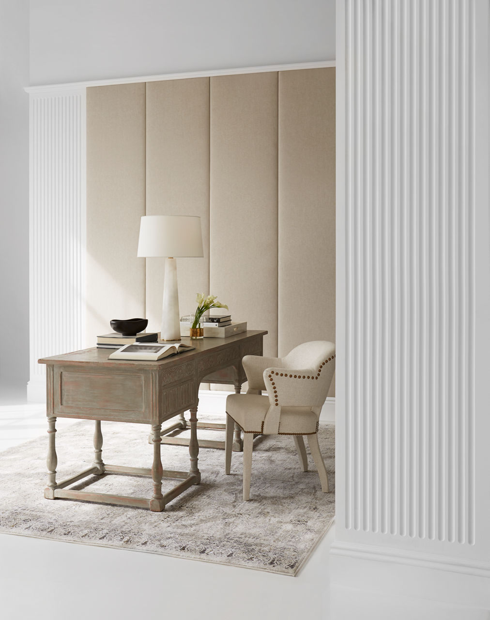 Adeline Large Quatrefoil Table Lamp | Alabaster | Linen Shade