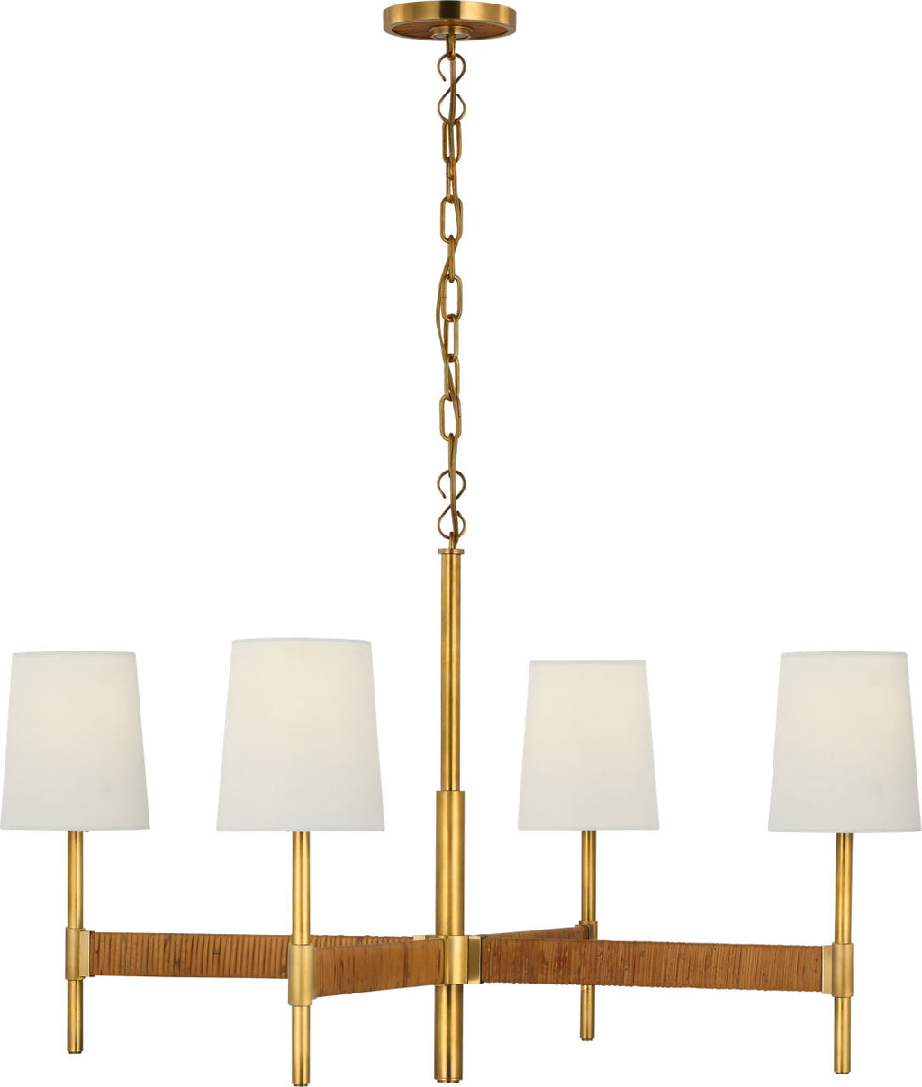 Elle Large Chandelier | Hand-Rubbed Antique Brass and Dark Rattan | Linen Shades