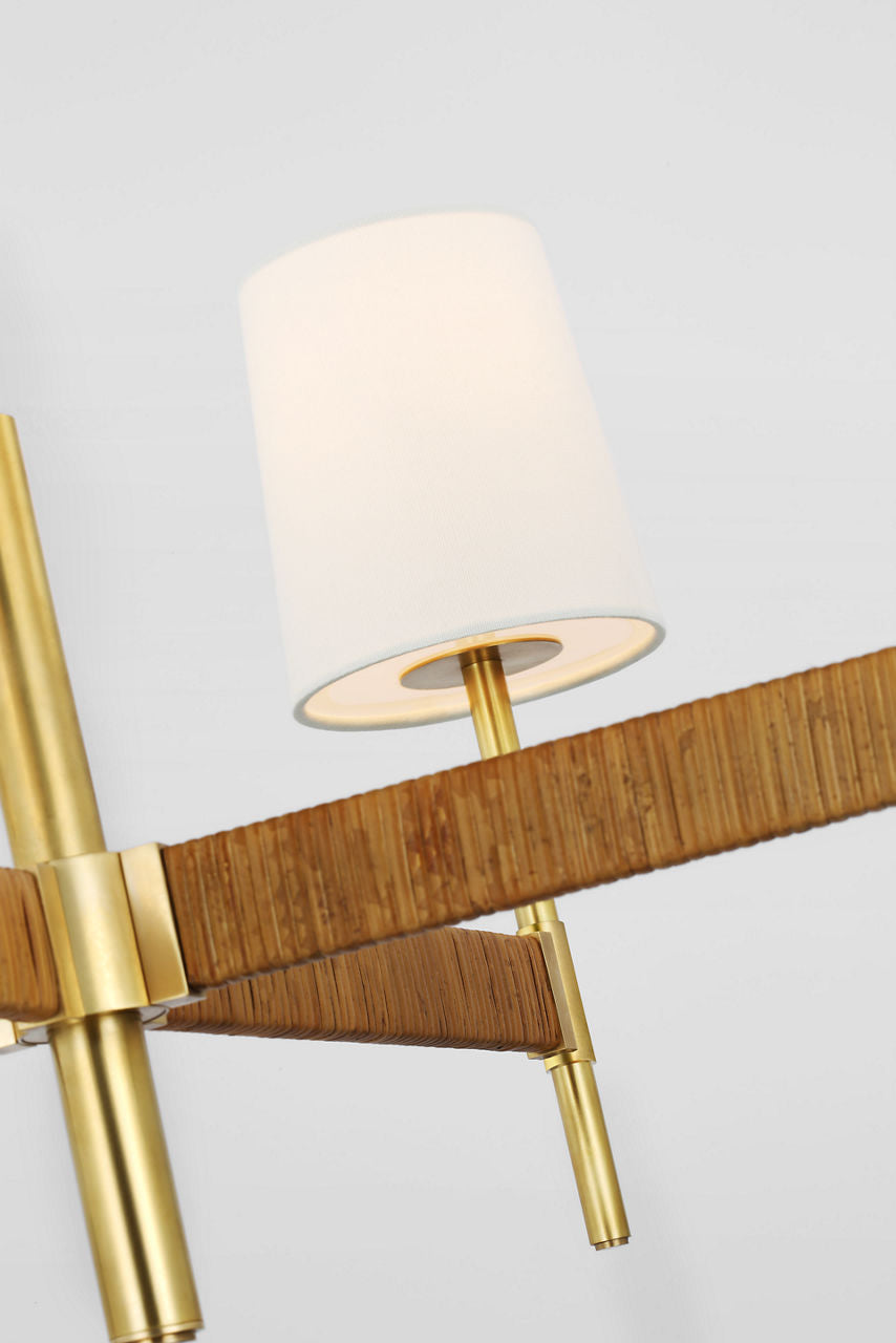 Elle Large Chandelier | Hand-Rubbed Antique Brass and Dark Rattan | Linen Shades