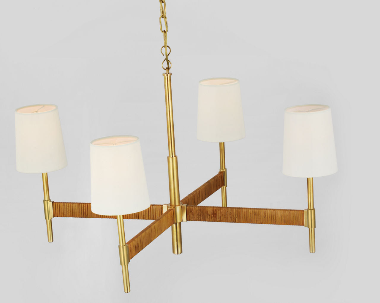 Elle Large Chandelier | Hand-Rubbed Antique Brass and Dark Rattan | Linen Shades