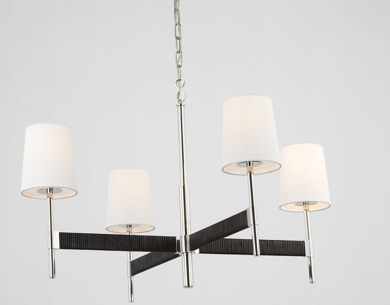 Elle Large Chandelier | Polished Nickel and Black Rattan | Linen Shades