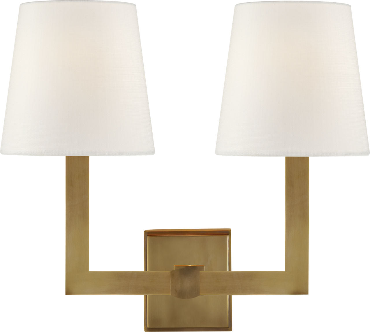 Square Tube Double Sconce | Hand-Rubbed Antique Brass | Linen Shades