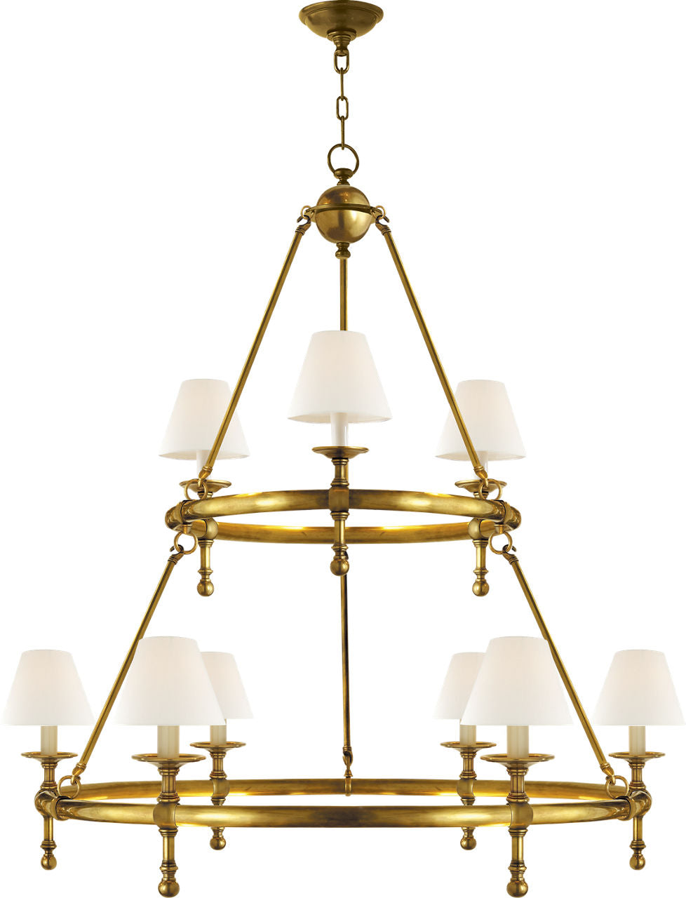 Classic Two-Tier Ring Chandelier | Hand-Rubbed Antique Brass | Linen Shades