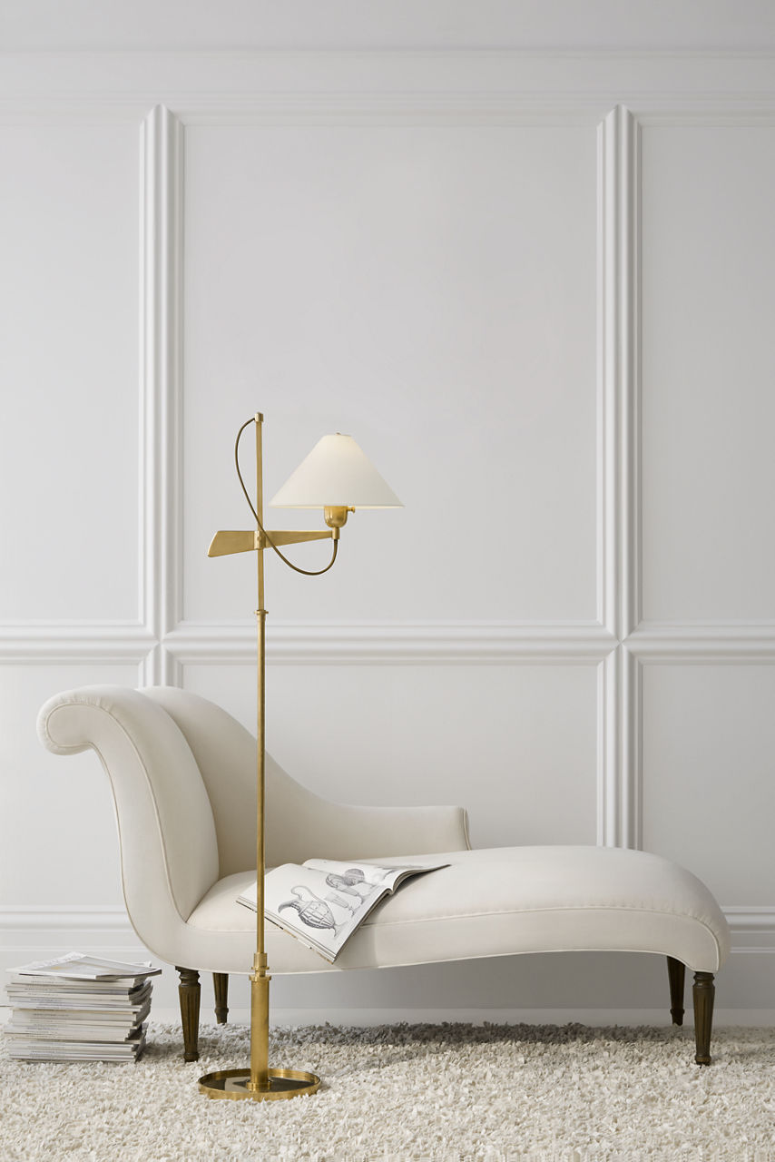 Hargett Bridge Arm Floor Lamp | Hand-Rubbed Antique Brass | Linen Shade