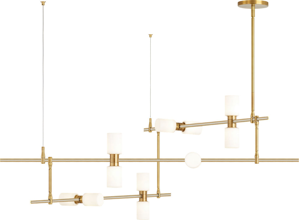 ModernRail Chandelier 2 Glass Cylinders Aged Brass 3000K 90 CRI 24v Remote