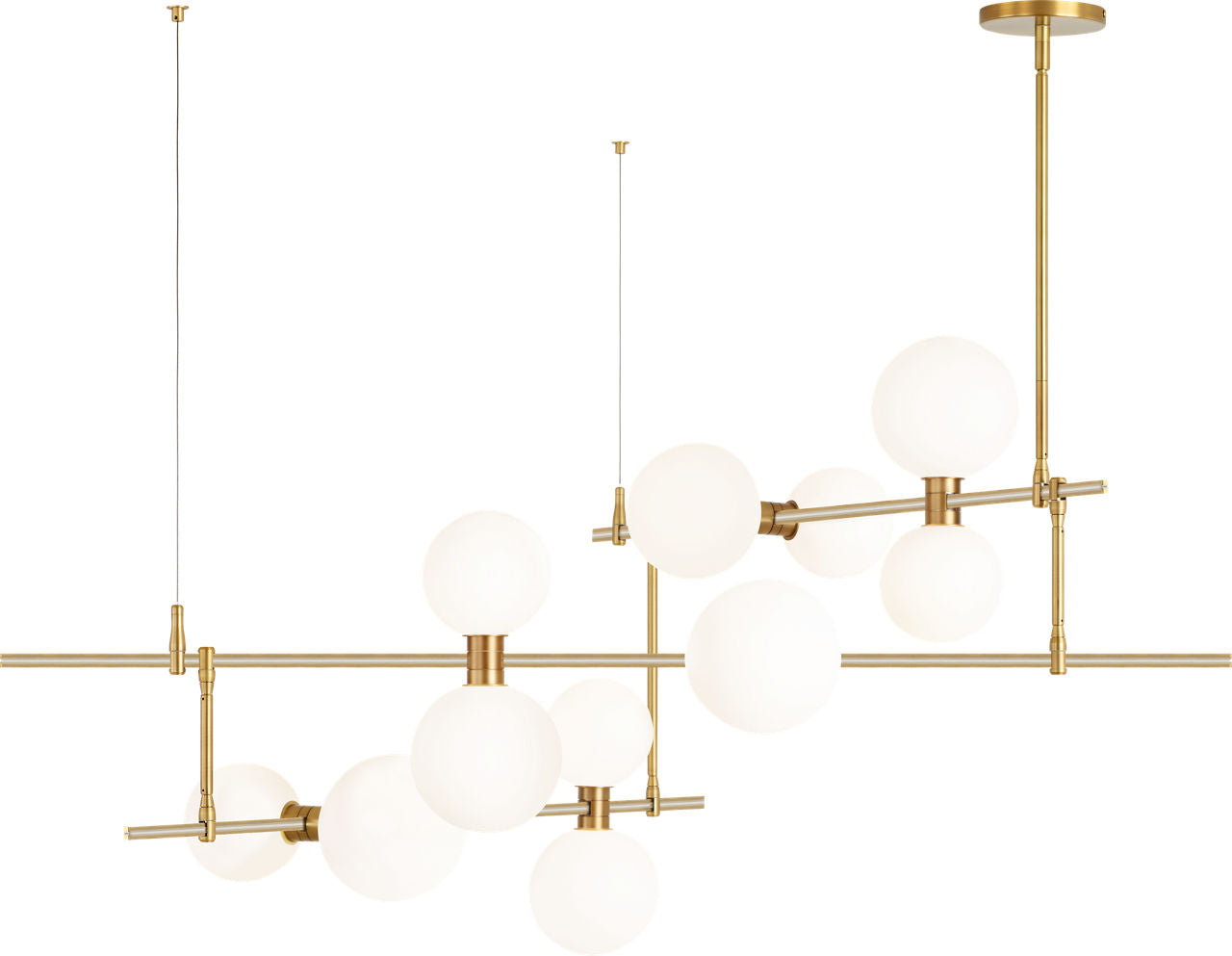 ModernRail Chandelier 2 Glass Orbs Aged Brass 3000K 90 CRI 24v Remote