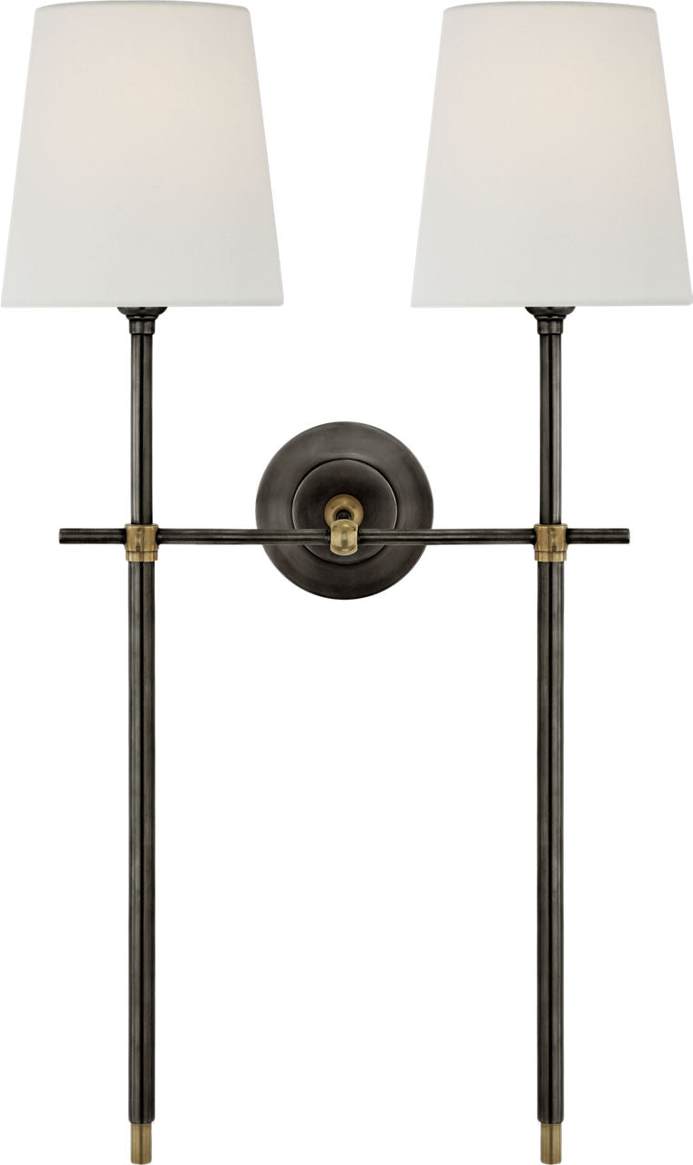 Bryant Large Double Tail Sconce | Bronze and Hand-Rubbed Antique Brass | Linen Shades