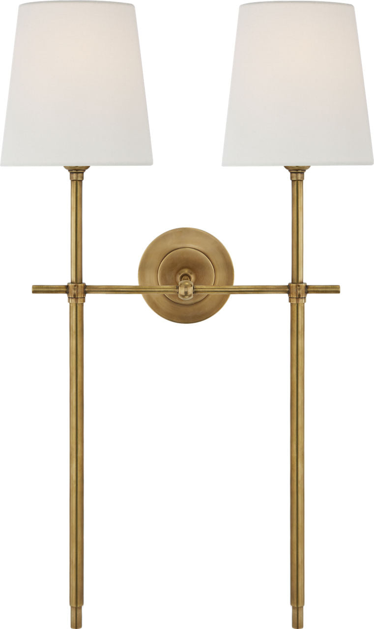 Bryant Large Double Tail Sconce | Hand-Rubbed Antique Brass | Linen Shades