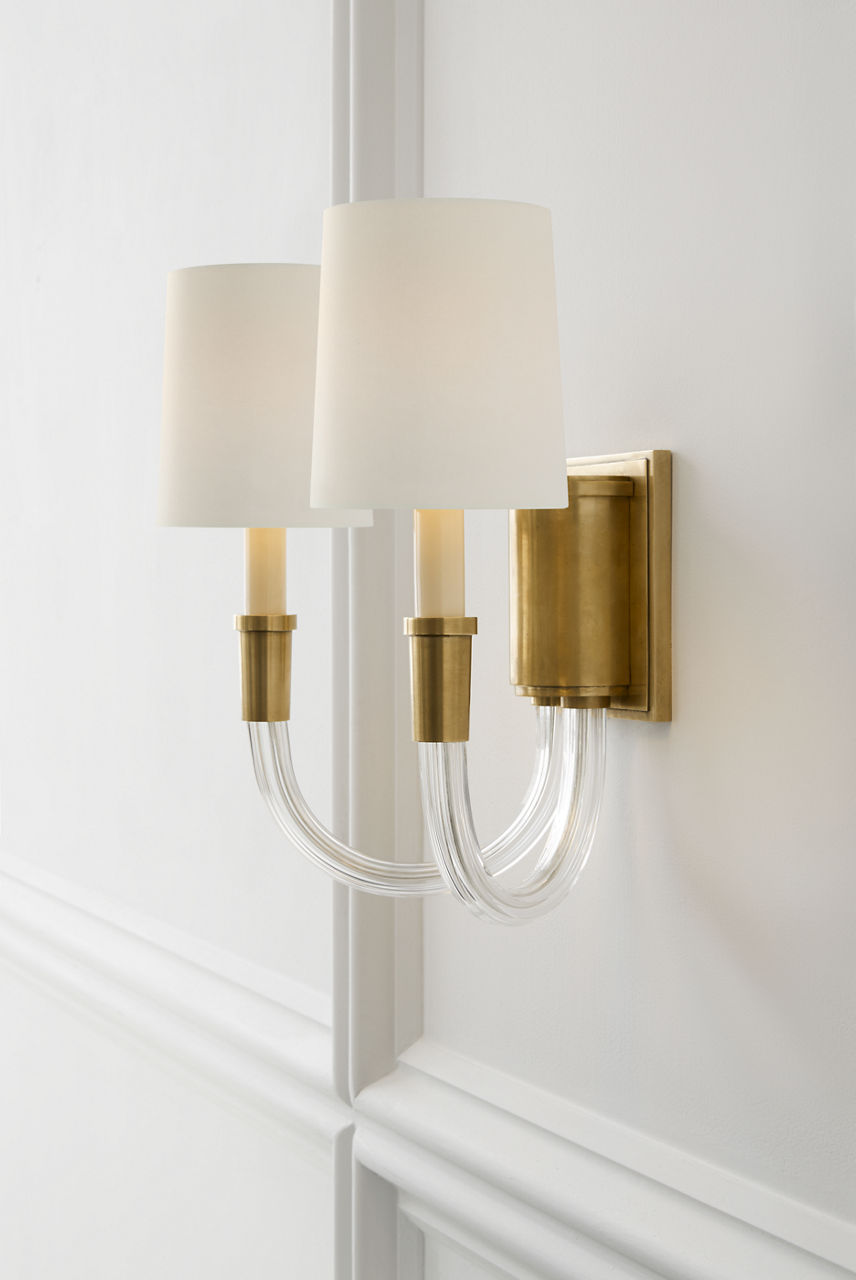 Vivian Double Sconce | Hand-Rubbed Antique Brass | Linen Shades
