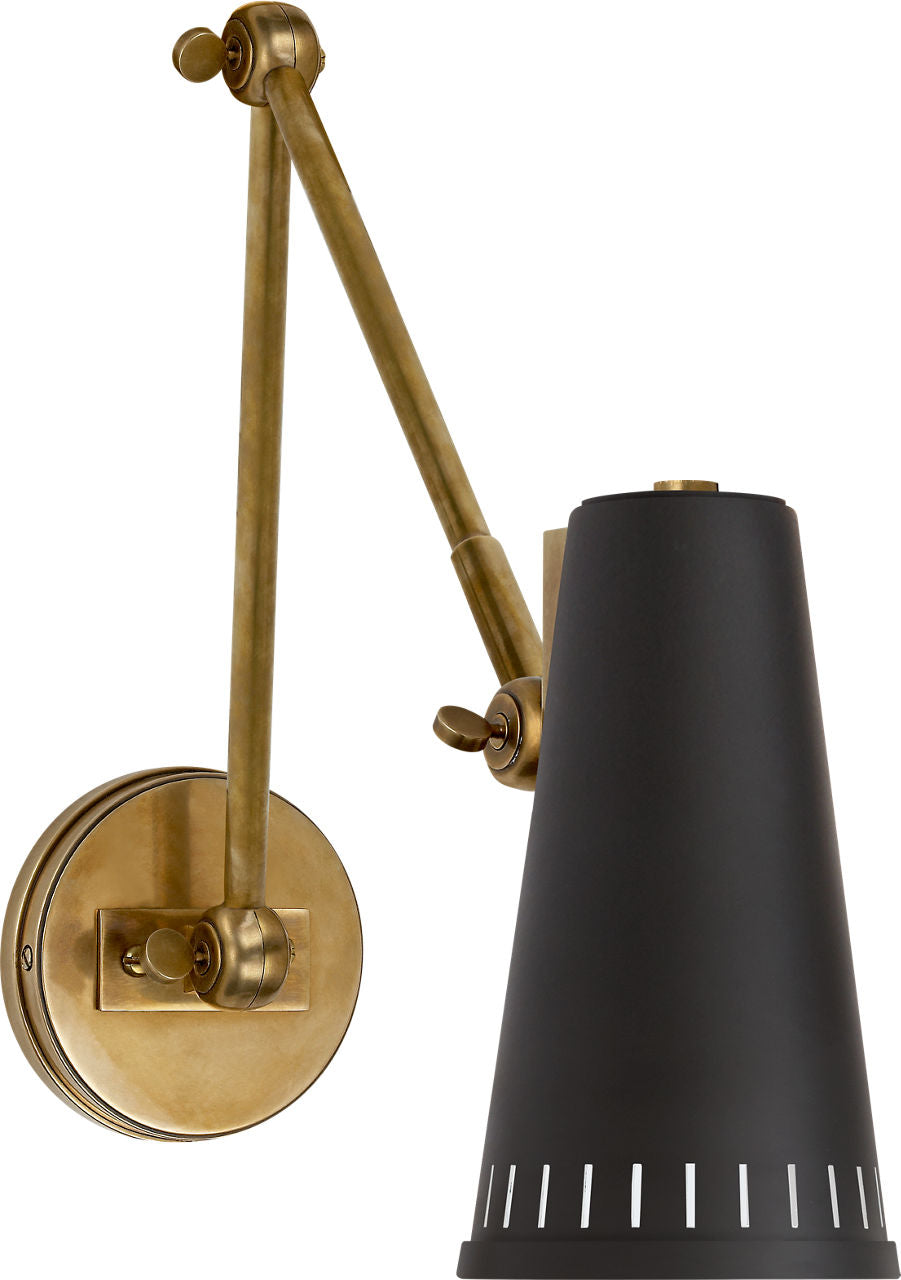Antonio Adjustable Two Arm Wall Lamp | Hand-Rubbed Antique Brass | Matte Black Shade