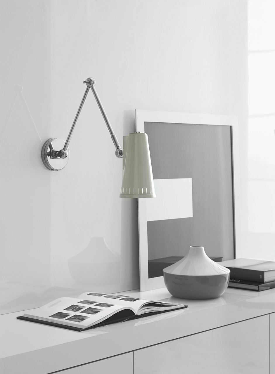 Antonio Adjustable Two Arm Wall Lamp | Polished Nickel | Antique White Shade