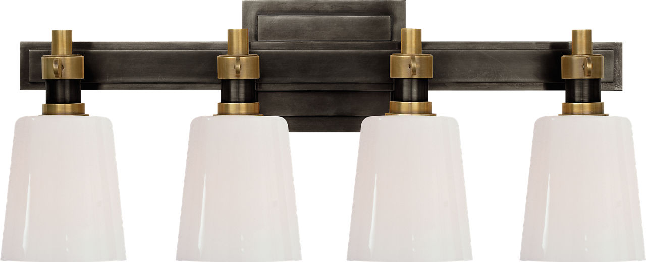 Bryant Four-Light Bath Sconce | Bronze and Hand-Rubbed Antique Brass | White Glass