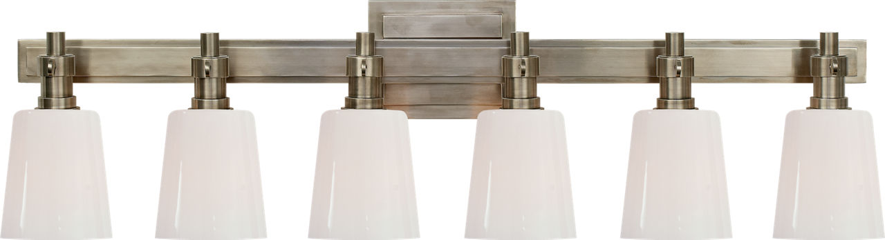 Bryant Six-Light Linear Bath Sconce | Antique Nickel | White Glass