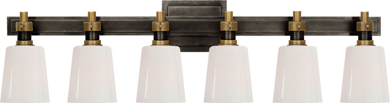 Bryant Six-Light Linear Bath Sconce | Bronze and Hand-Rubbed Antique Brass | White Glass