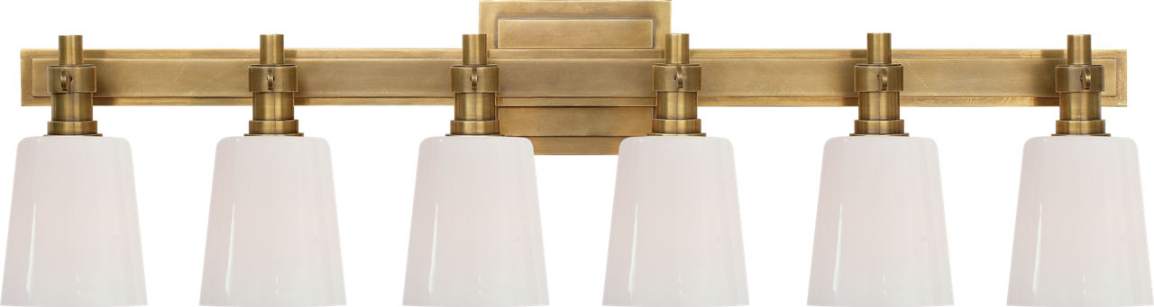Bryant Six-Light Linear Bath Sconce | Hand-Rubbed Antique Brass | White Glass