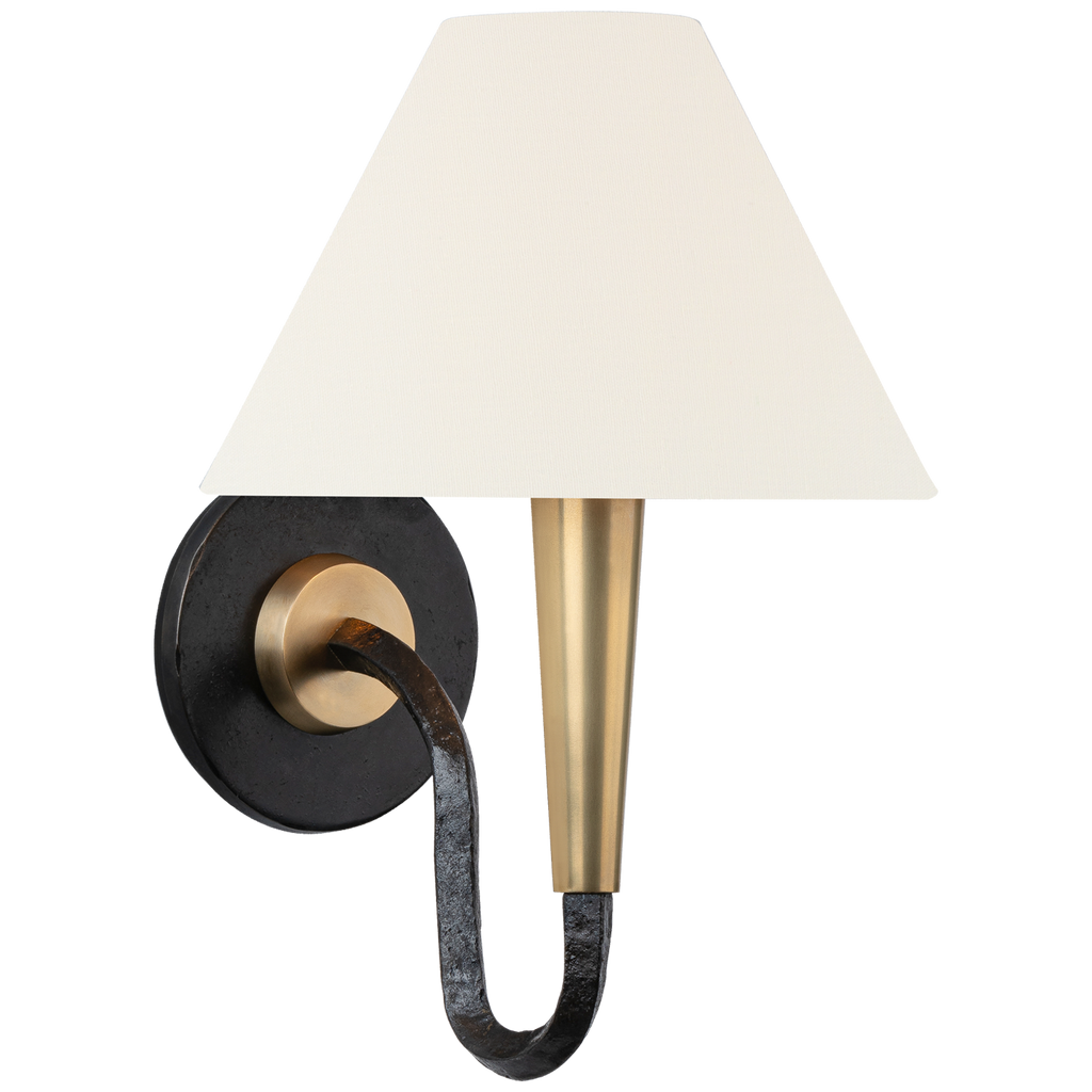 Cavalli 13" J-Arm Sconce | Aged Iron and Hand-Rubbed Antique Brass | Linen Shade