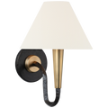 Cavalli 13" J-Arm Sconce | Aged Iron and Hand-Rubbed Antique Brass | Linen Shade