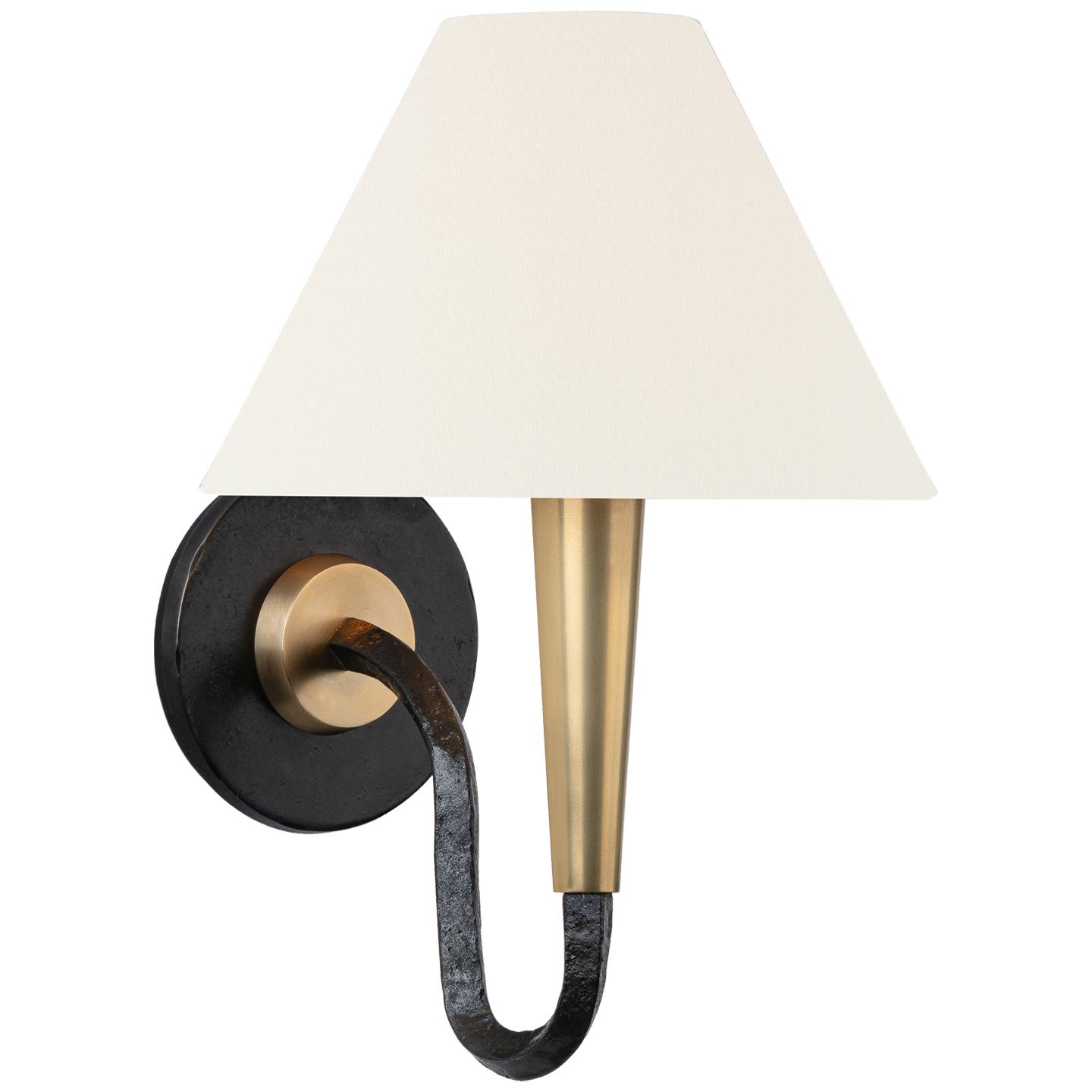 Cavalli 13" J-Arm Sconce | Aged Iron and Hand-Rubbed Antique Brass | Linen Shade