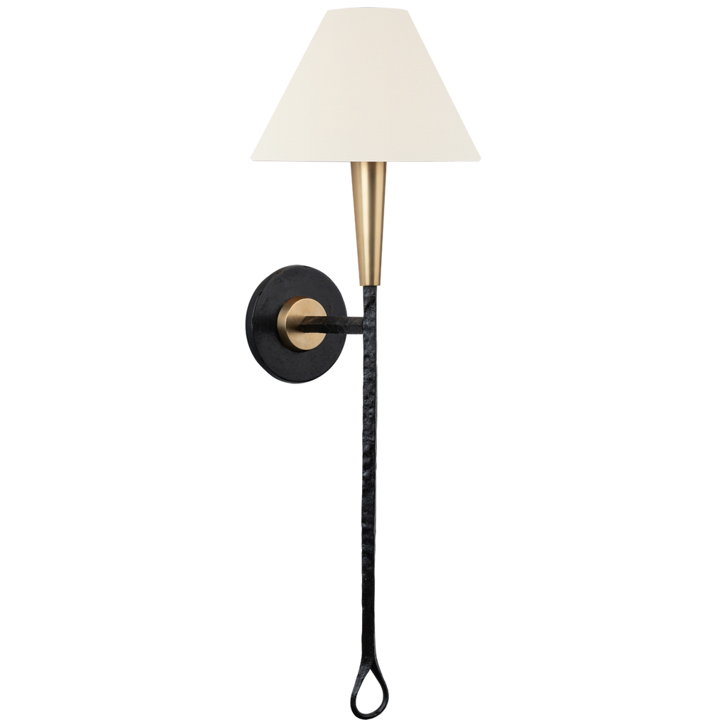 Cavalli 27" Tail Sconce | Aged Iron and Hand-Rubbed Antique Brass | Linen Shade