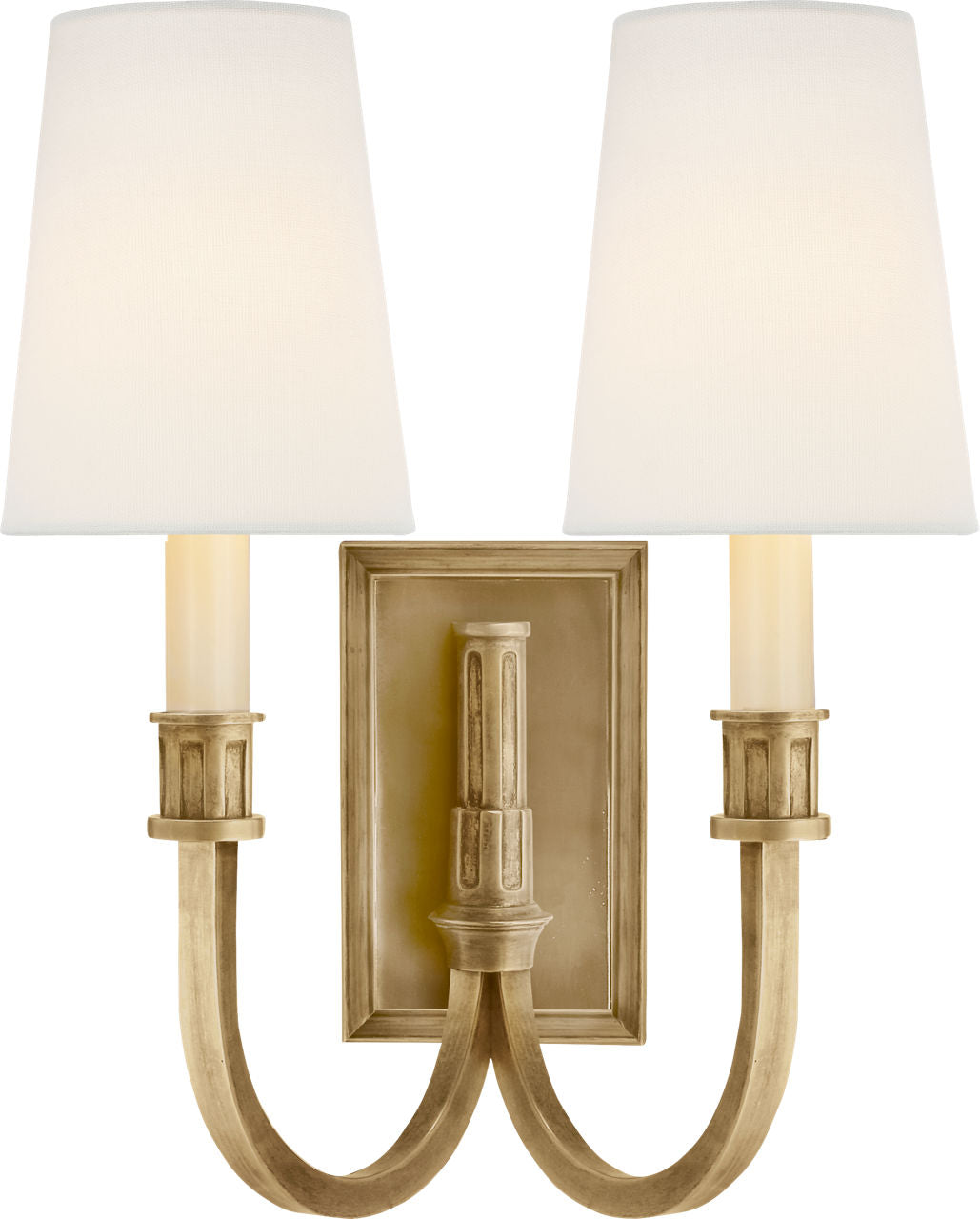 Modern Library Double Sconce | Hand-Rubbed Antique Brass | Linen Shades