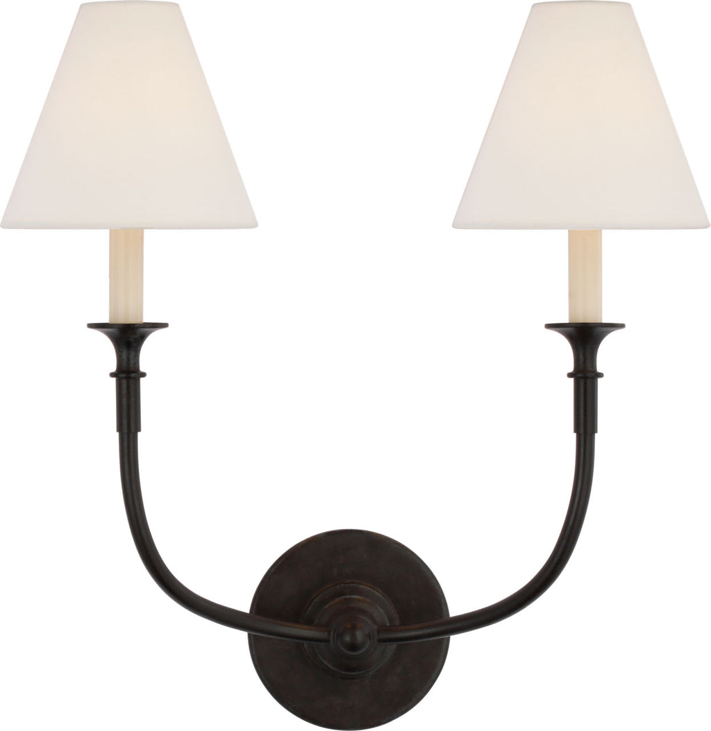 Piaf Double Sconce | Aged Iron | Linen Shades
