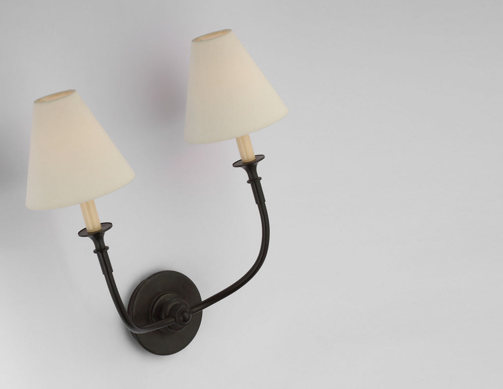 Piaf Double Sconce | Aged Iron | Linen Shades