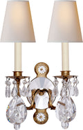 Yves Crystal Double Arm Sconce | Gilded Iron and Crystal | Natural Percale Shades