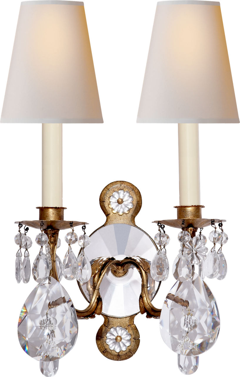 Yves Crystal Double Arm Sconce | Gilded Iron and Crystal | Natural Percale Shades