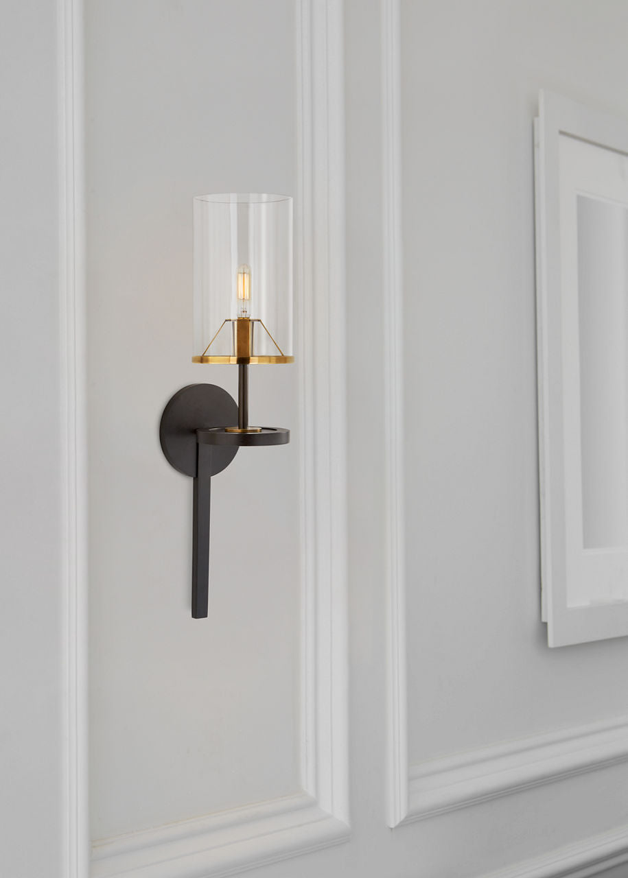 Vivier Single Sconce | Blackened Iron and Hand-Rubbed Antique Brass | Cylinder Clear Glass