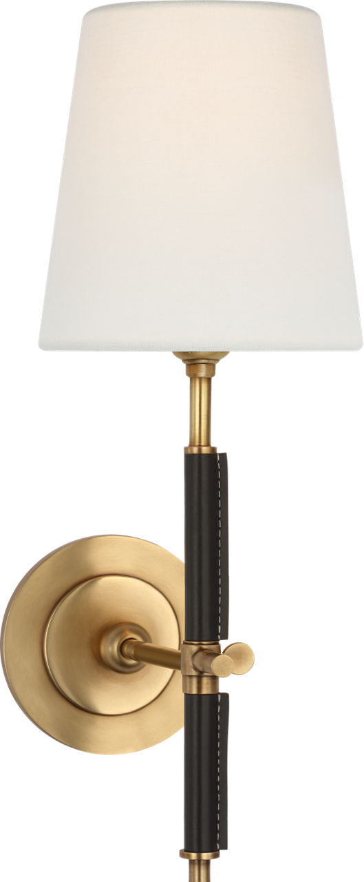 Bryant Wrapped Sconce | Hand-Rubbed Antique Brass and Chocolate Leather | Linen Shade