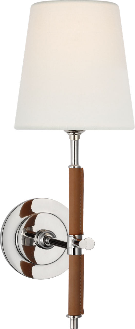 Bryant Wrapped Sconce | Polished Nickel and Natural Leather | Linen Shade