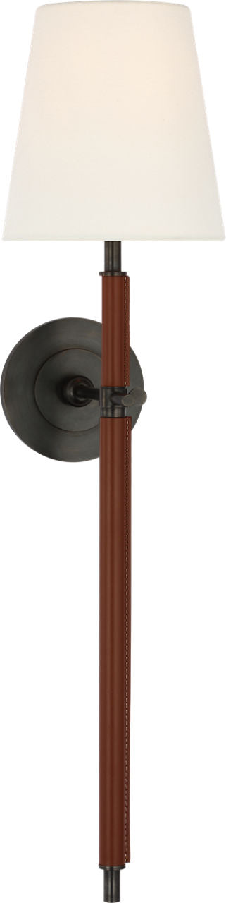 Bryant Large Wrapped Tail Sconce | Bronze and Saddle Leather | Linen Shade