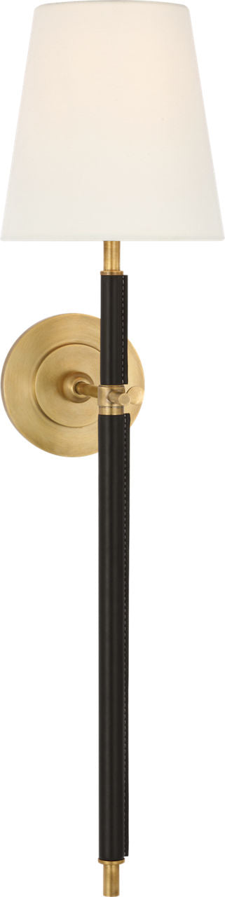 Bryant Large Wrapped Tail Sconce | Hand-Rubbed Antique Brass and Chocolate Leather | Linen Shade