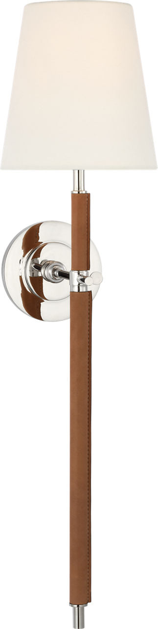Bryant Large Wrapped Tail Sconce | Polished Nickel and Natural Leather | Linen Shade