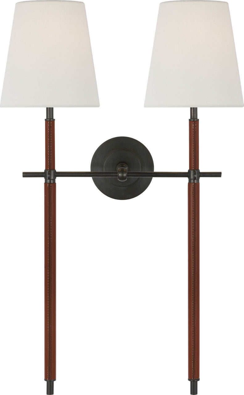 Bryant Large Wrapped Double Tail Sconce | Bronze and Saddle Leather | Linen Shades