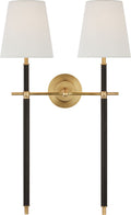 Bryant Large Wrapped Double Tail Sconce | Hand-Rubbed Antique Brass and Chocolate Leather | Linen Shades
