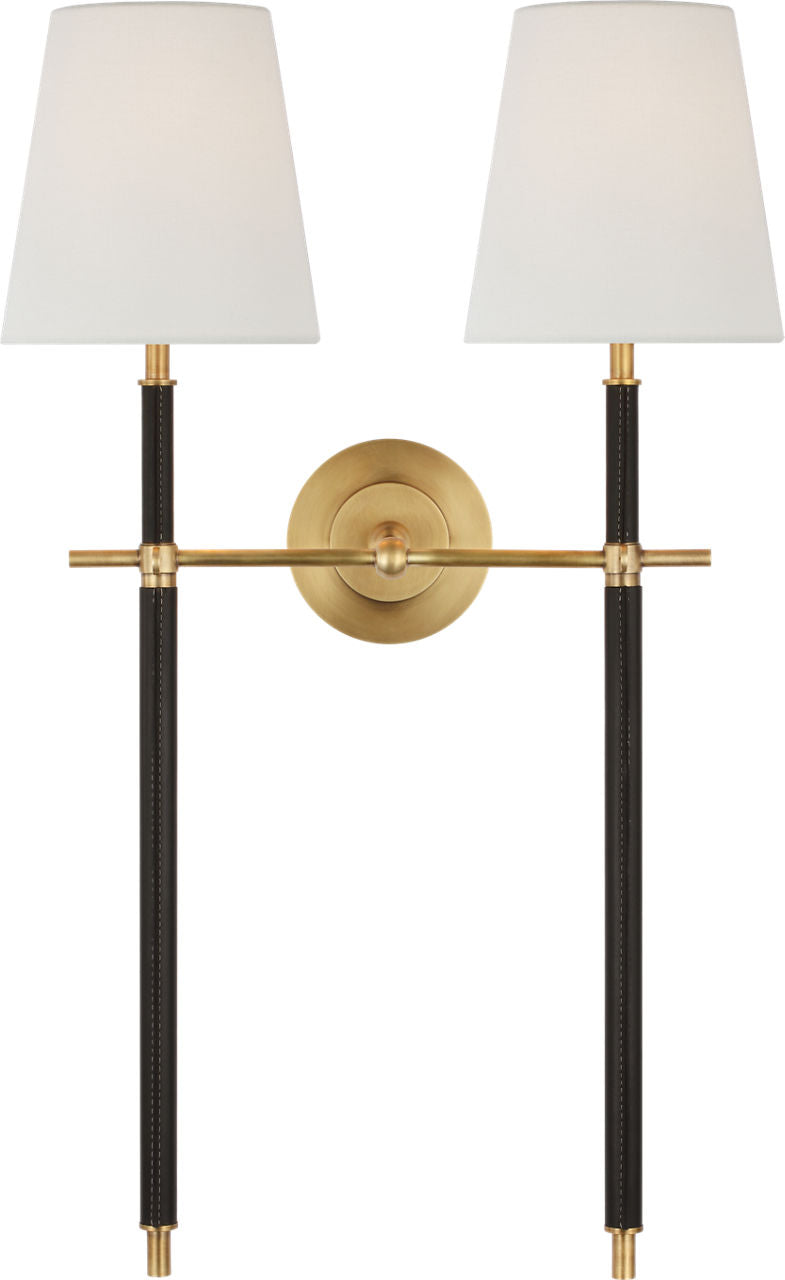Bryant Large Wrapped Double Tail Sconce | Hand-Rubbed Antique Brass and Chocolate Leather | Linen Shades
