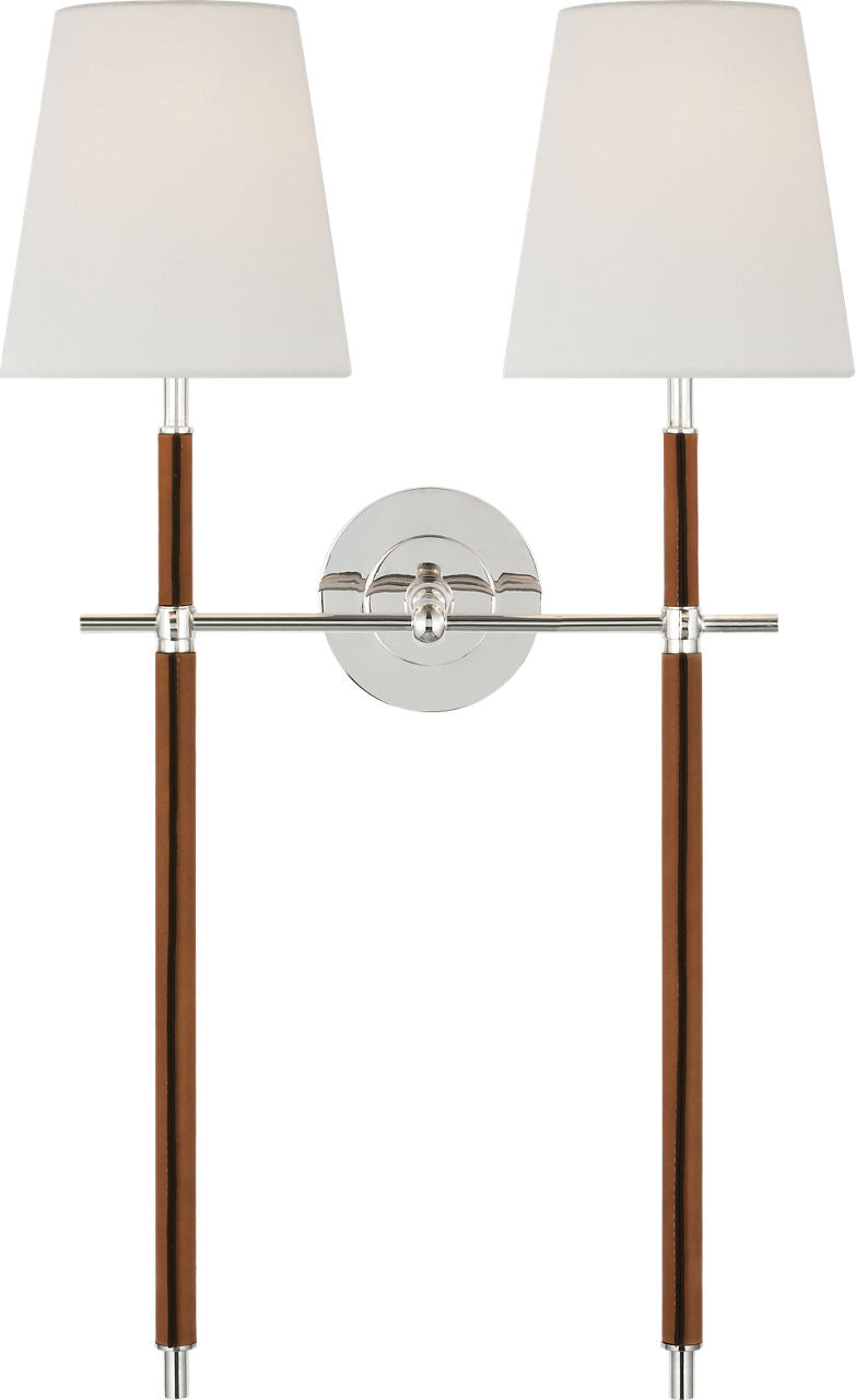 Bryant Large Wrapped Double Tail Sconce | Polished Nickel and Natural Leather | Linen Shades