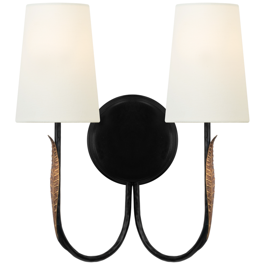 Kairos 14" Double Sconce | Aged Iron and Roman Bronze | Linen Shades