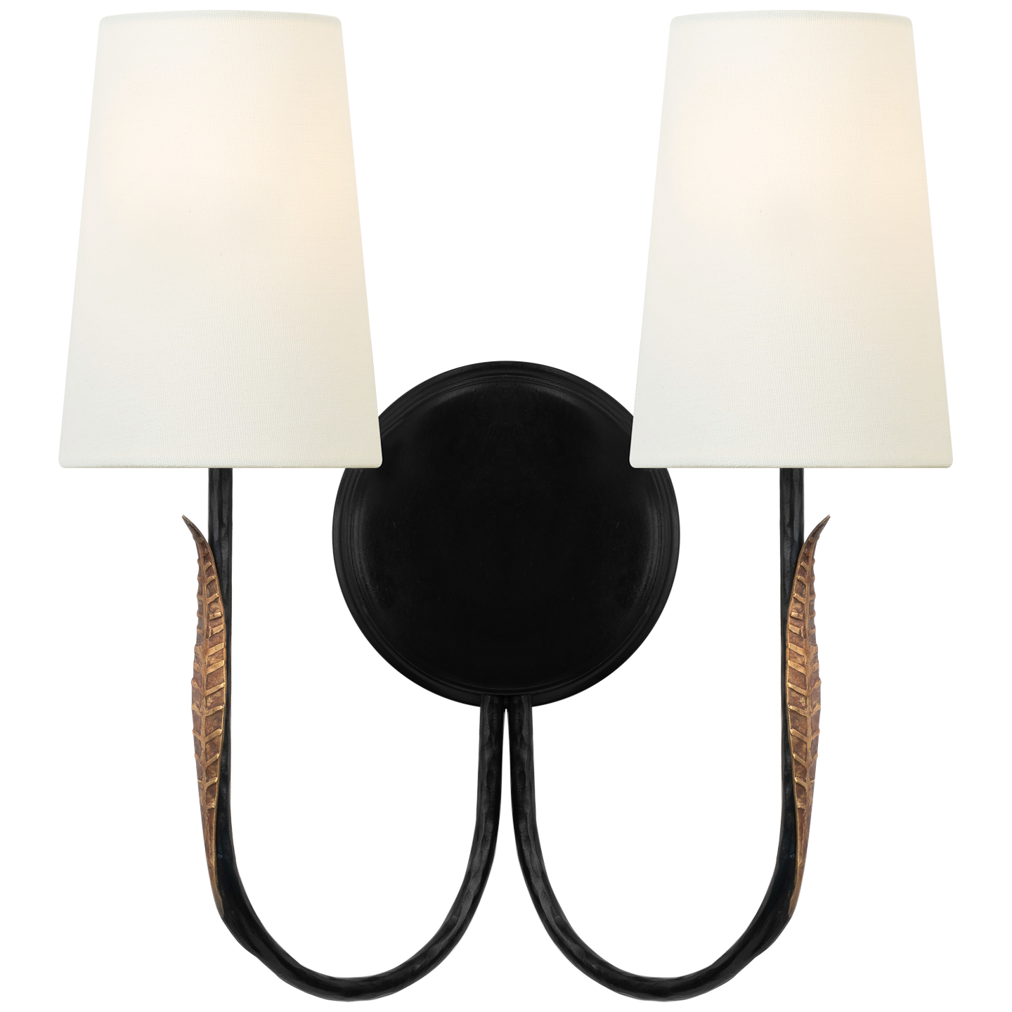 Kairos 14" Double Sconce | Aged Iron and Roman Bronze | Linen Shades