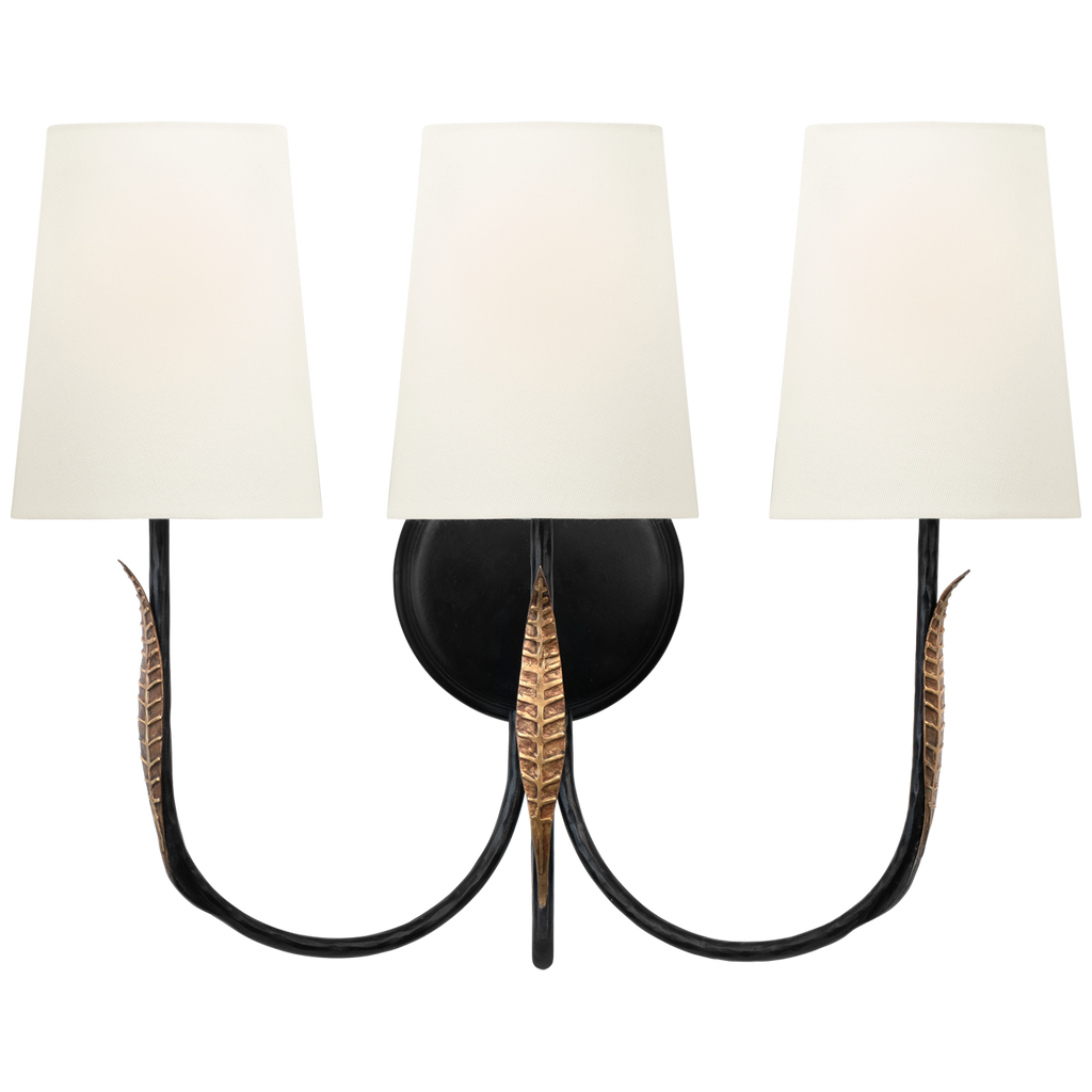 Kairos 14" Triple Sconce | Aged Iron and Roman Bronze | Linen Shades