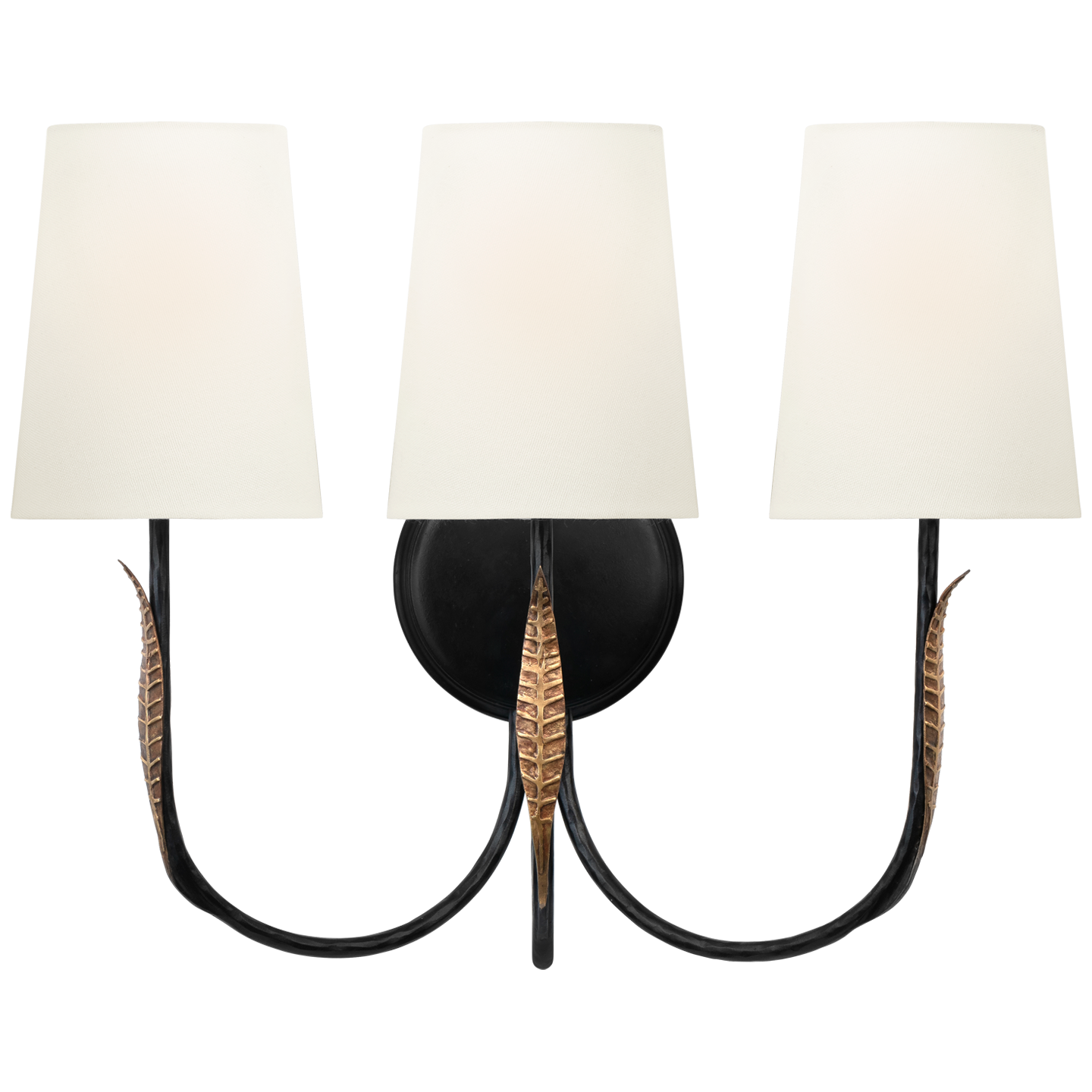 Kairos 14" Triple Sconce | Aged Iron and Roman Bronze | Linen Shades