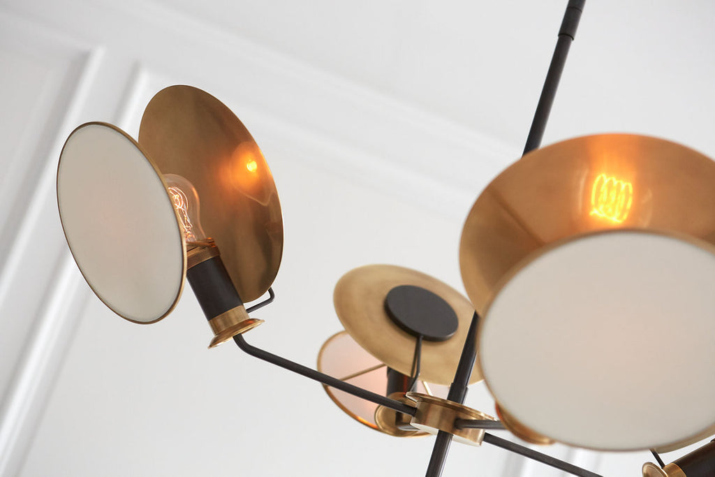 Osiris Large Reflector Chandelier | Bronze and Hand-Rubbed Antique Brass | Linen Diffuser