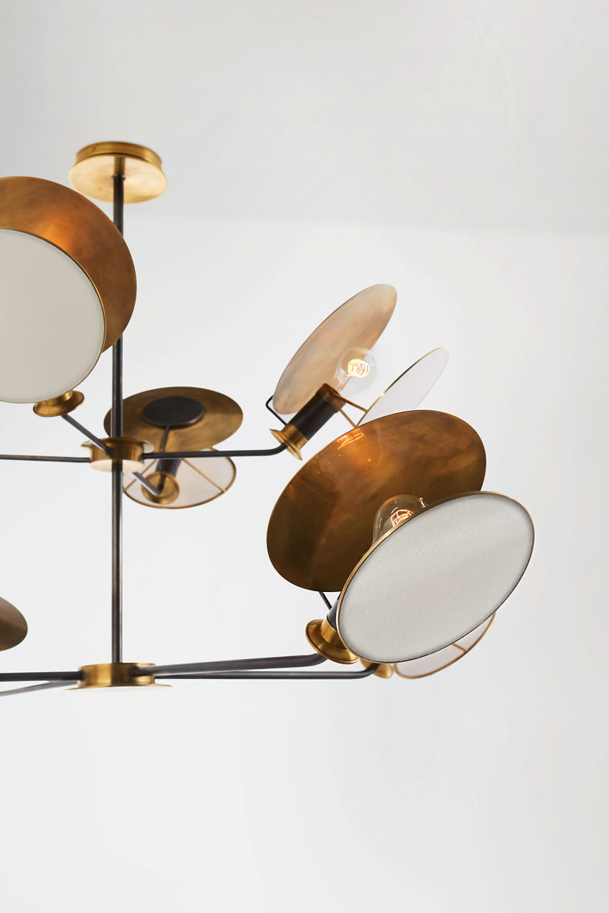 Osiris Large Reflector Chandelier | Bronze and Hand-Rubbed Antique Brass | Linen Diffuser