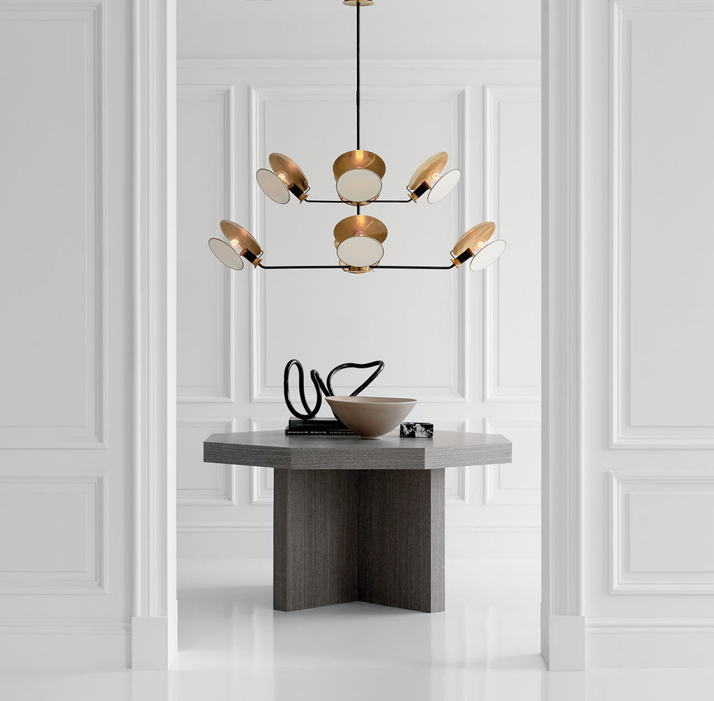 Osiris Large Reflector Chandelier | Bronze and Hand-Rubbed Antique Brass | Linen Diffuser