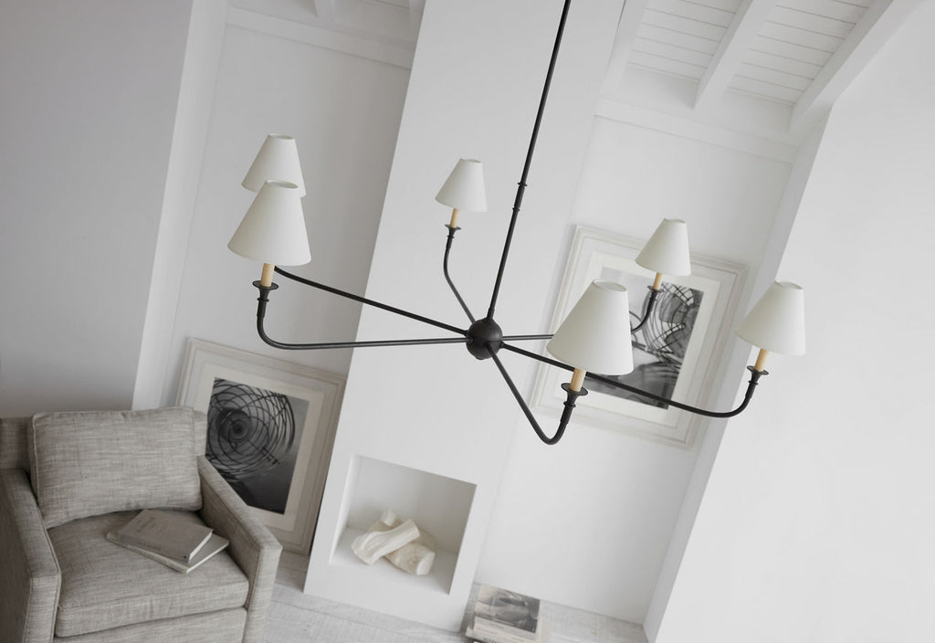 Piaf Grande Chandelier | Aged Iron and Ebonized Oak | Linen Shades