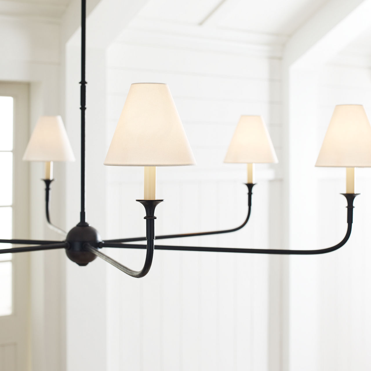 Piaf Grande Chandelier | Aged Iron and Ebonized Oak | Linen Shades