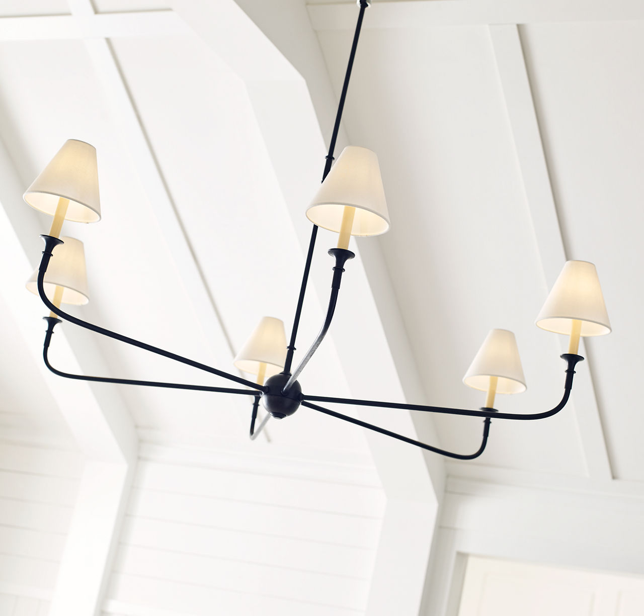 Piaf Grande Chandelier | Aged Iron and Ebonized Oak | Linen Shades