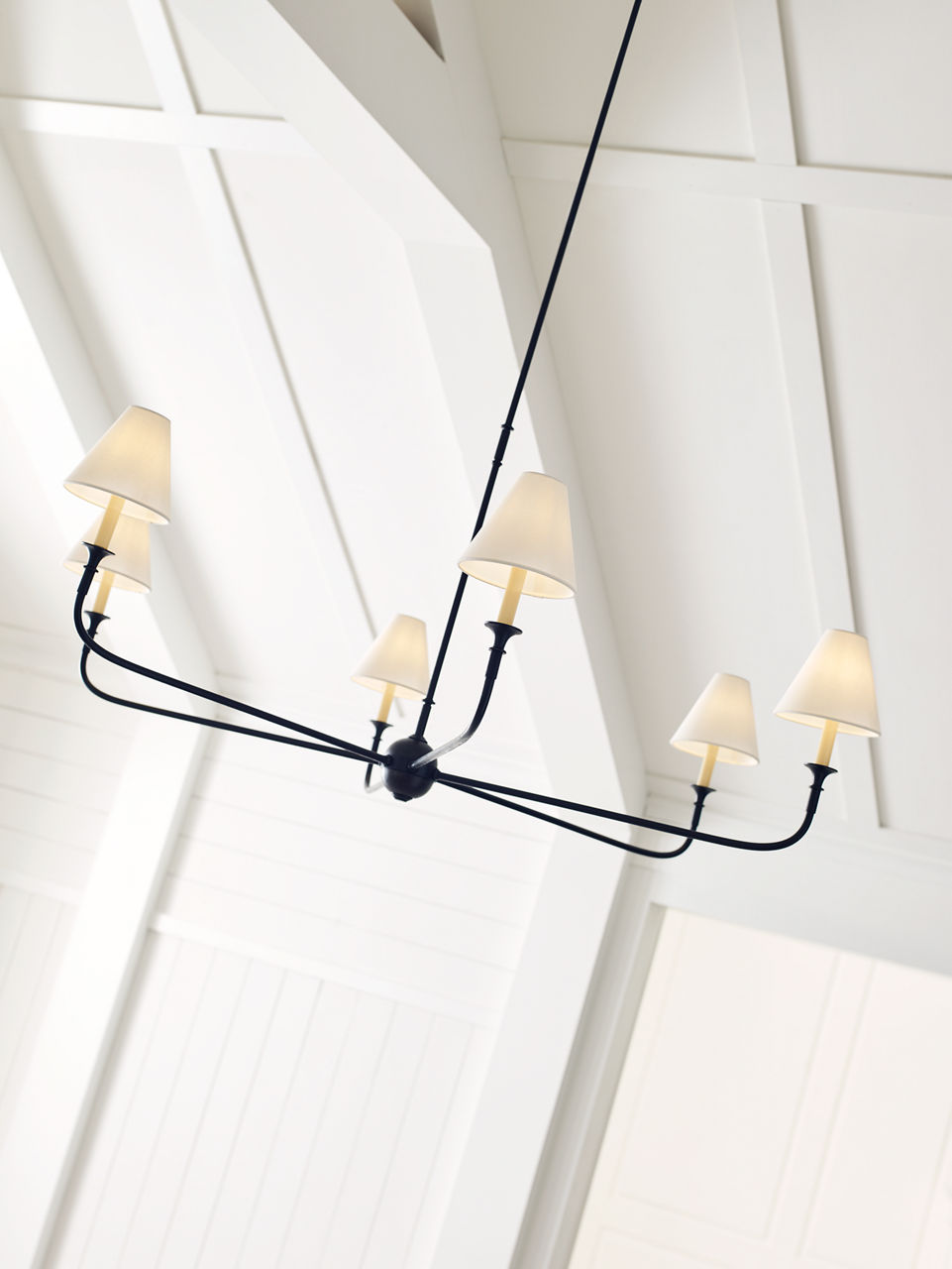 Piaf Grande Chandelier | Aged Iron and Ebonized Oak | Linen Shades